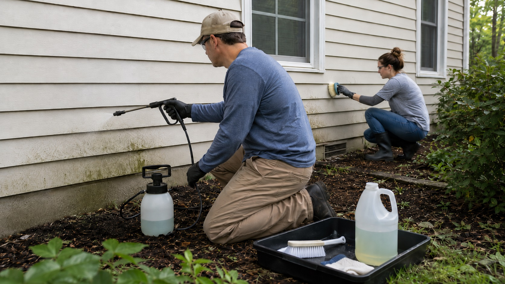 Applying Low-Pressure Cleaner to Mold- and Algae-Stained Siding