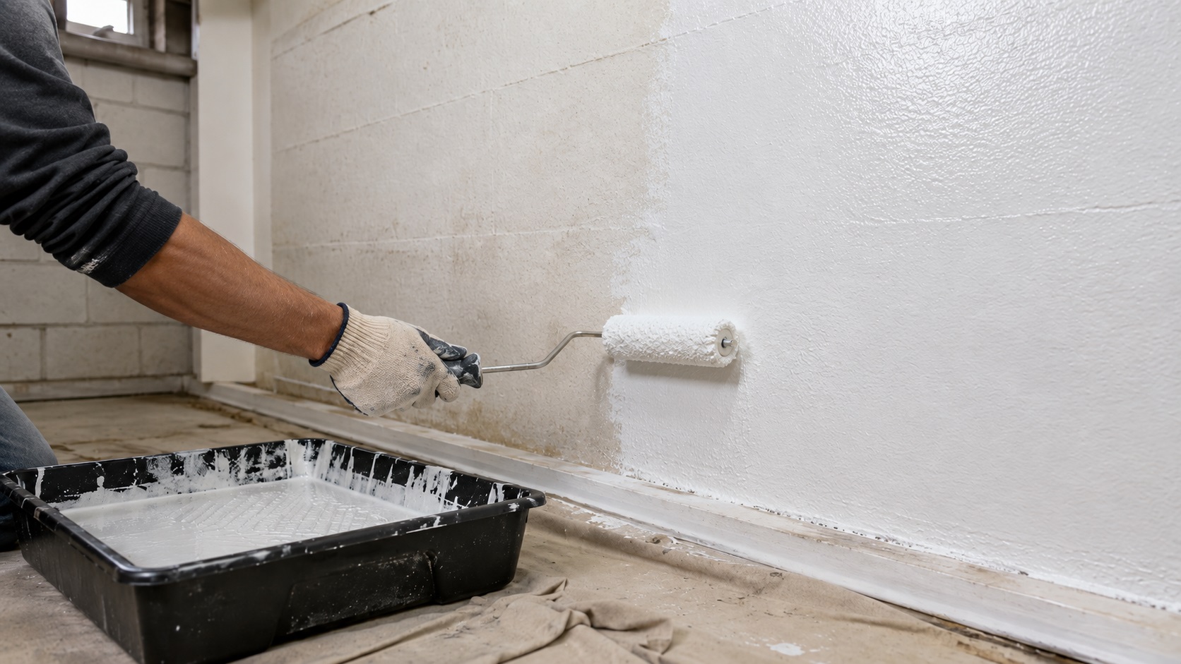 Gloved hand applying white mold prevention coating to a basement wall with a paint roller, with a paint tray, drop cloth, baseboard, and faint old moisture staining nearby.