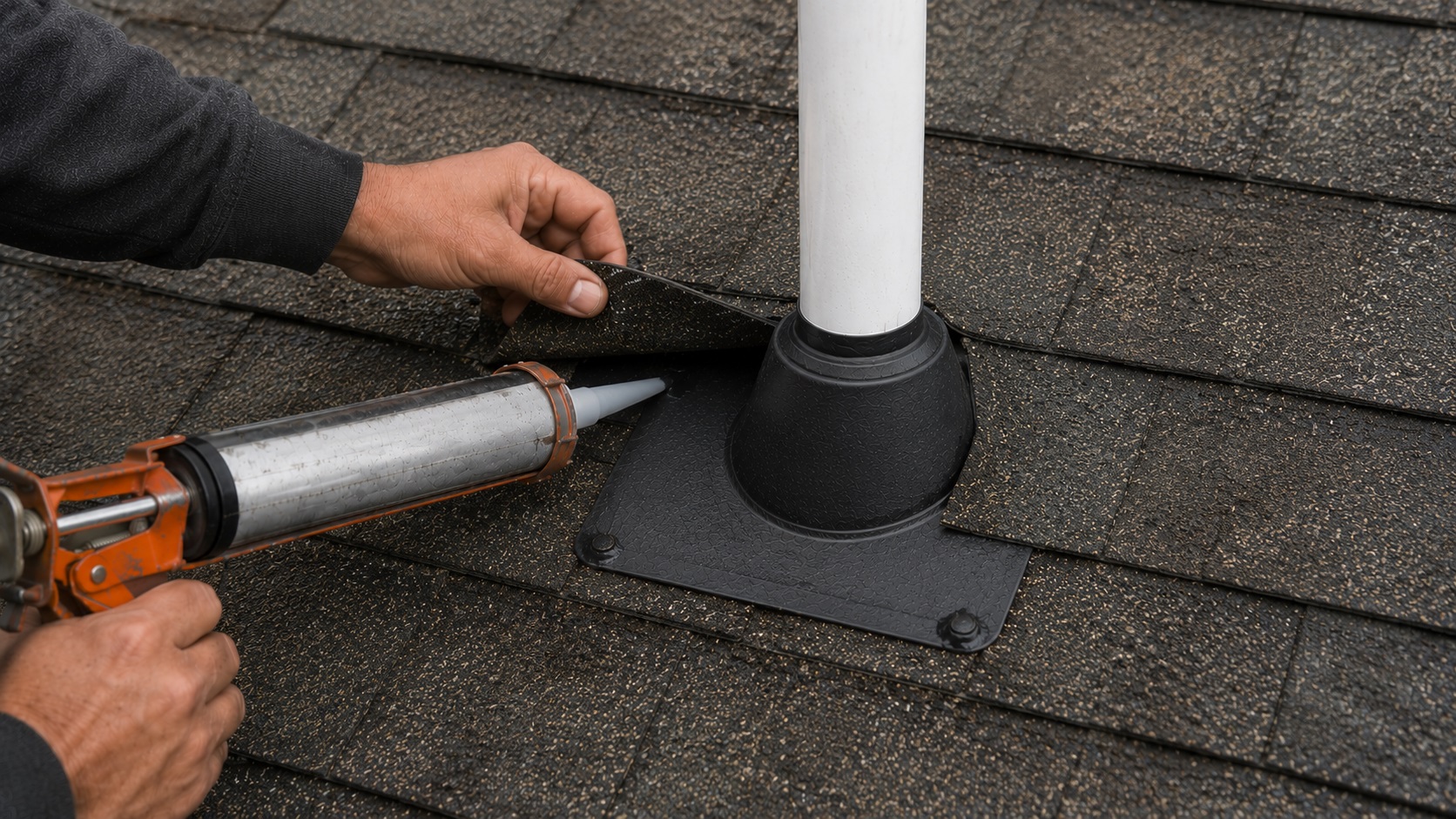 Roofer lifting an asphalt shingle and inserting a caulk-gun nozzle beneath it beside a roof vent pipe boot.