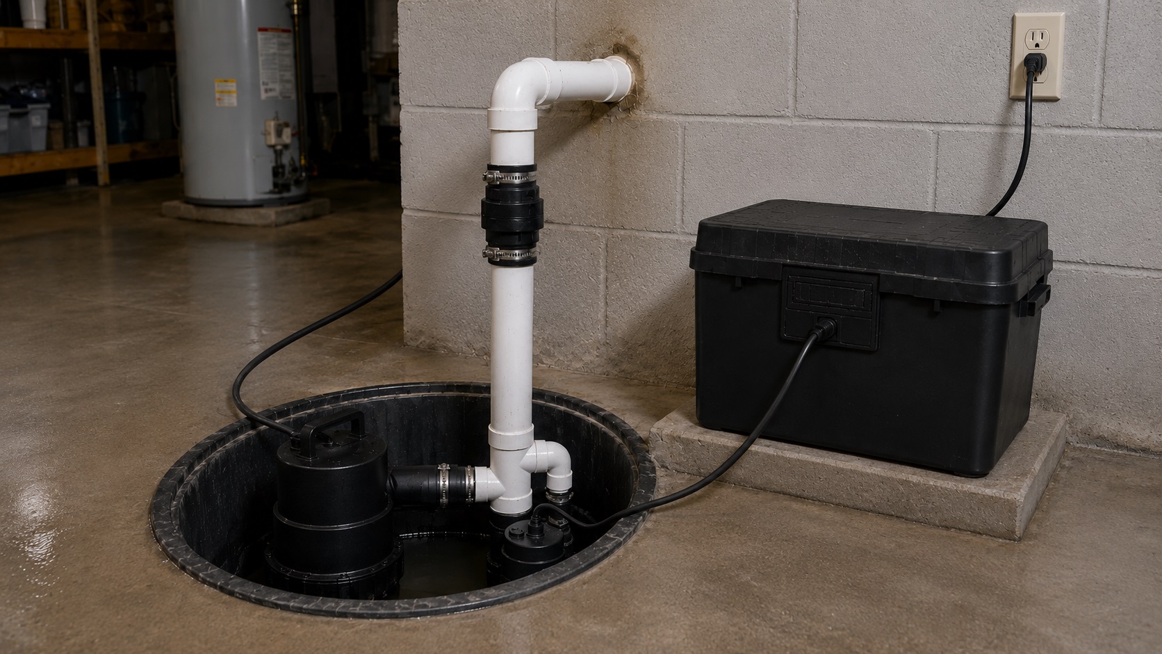 Backup sump pump system in an open basement sump pit with PVC discharge pipe, battery box, and utility room background.