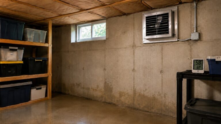 Wall-mounted basement ventilation fan in an unfinished basement with storage shelves, a hygrometer, kraft-faced insulation, and mild moisture staining on the concrete wall.