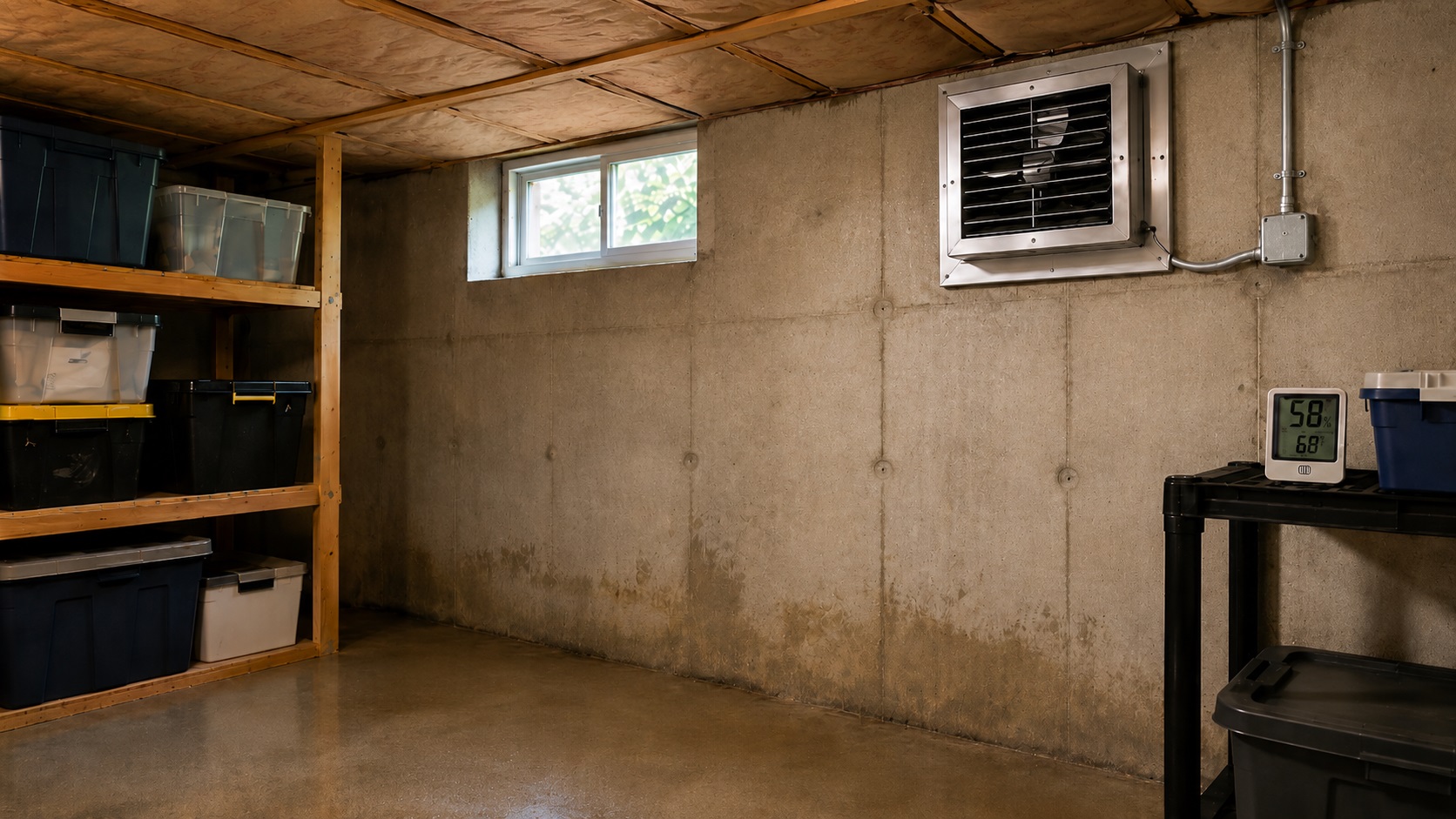 Wall-mounted basement ventilation fan in an unfinished basement with storage shelves, a hygrometer, kraft-faced insulation, and mild moisture staining on the concrete wall.