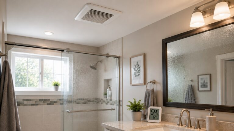 Bathroom exhaust fan above a humid shower with condensation on the mirror and a hygrometer showing indoor moisture levels.