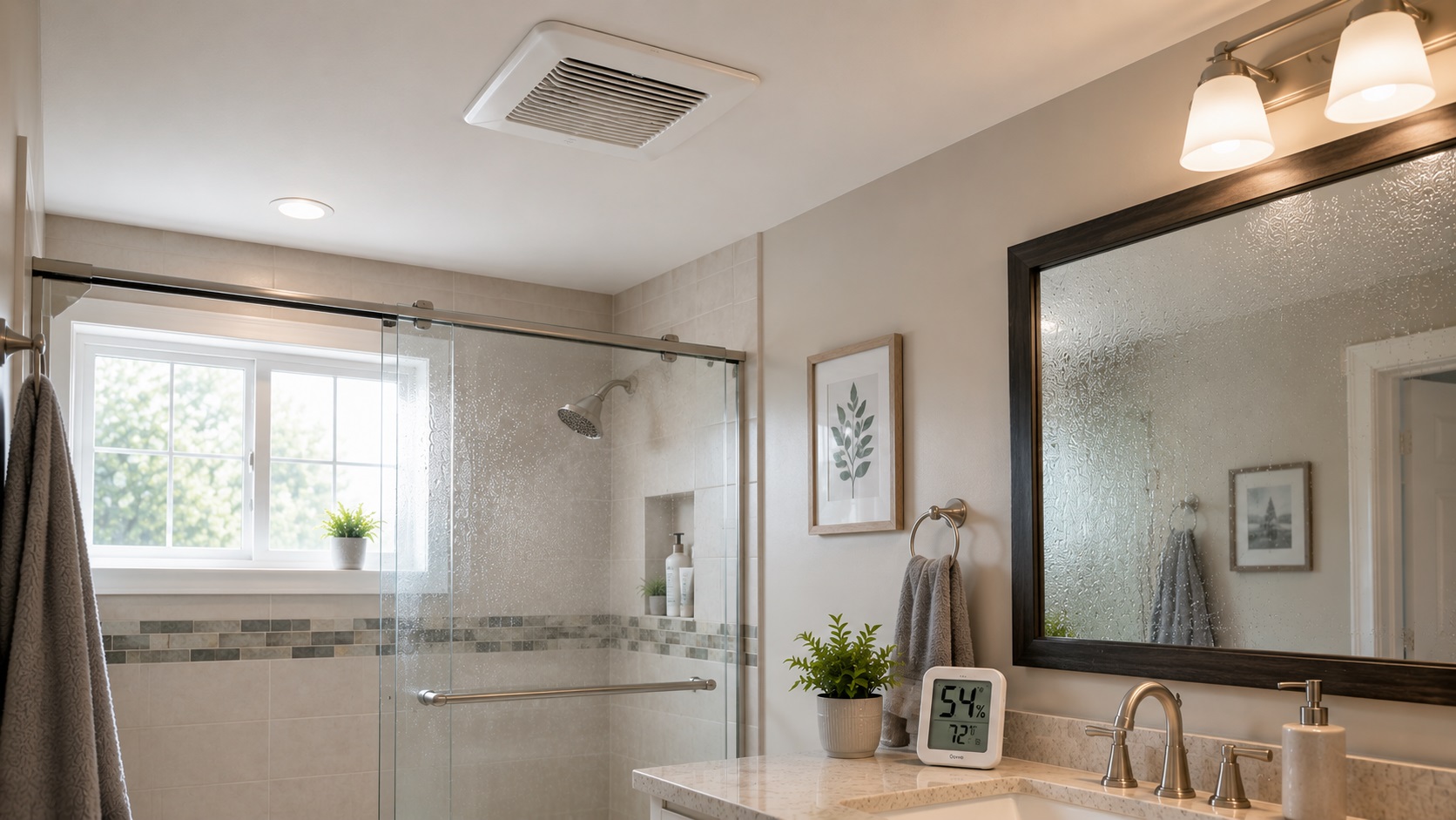 Bathroom exhaust fan above a humid shower with condensation on the mirror and a hygrometer showing indoor moisture levels.