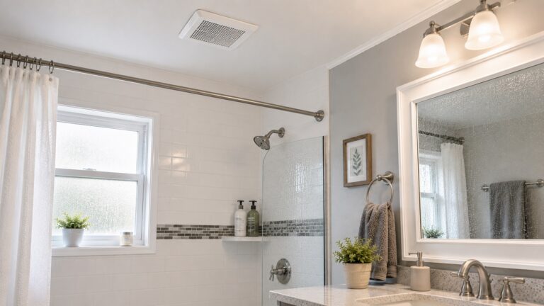 Modern bathroom with a ceiling exhaust fan, light condensation on the mirror, and moisture on the shower glass after use.