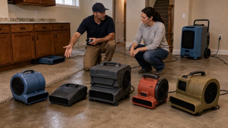 Restoration professional comparing five portable air movers with a homeowner while drying damp carpet and flooring with a separate dehumidifier nearby.