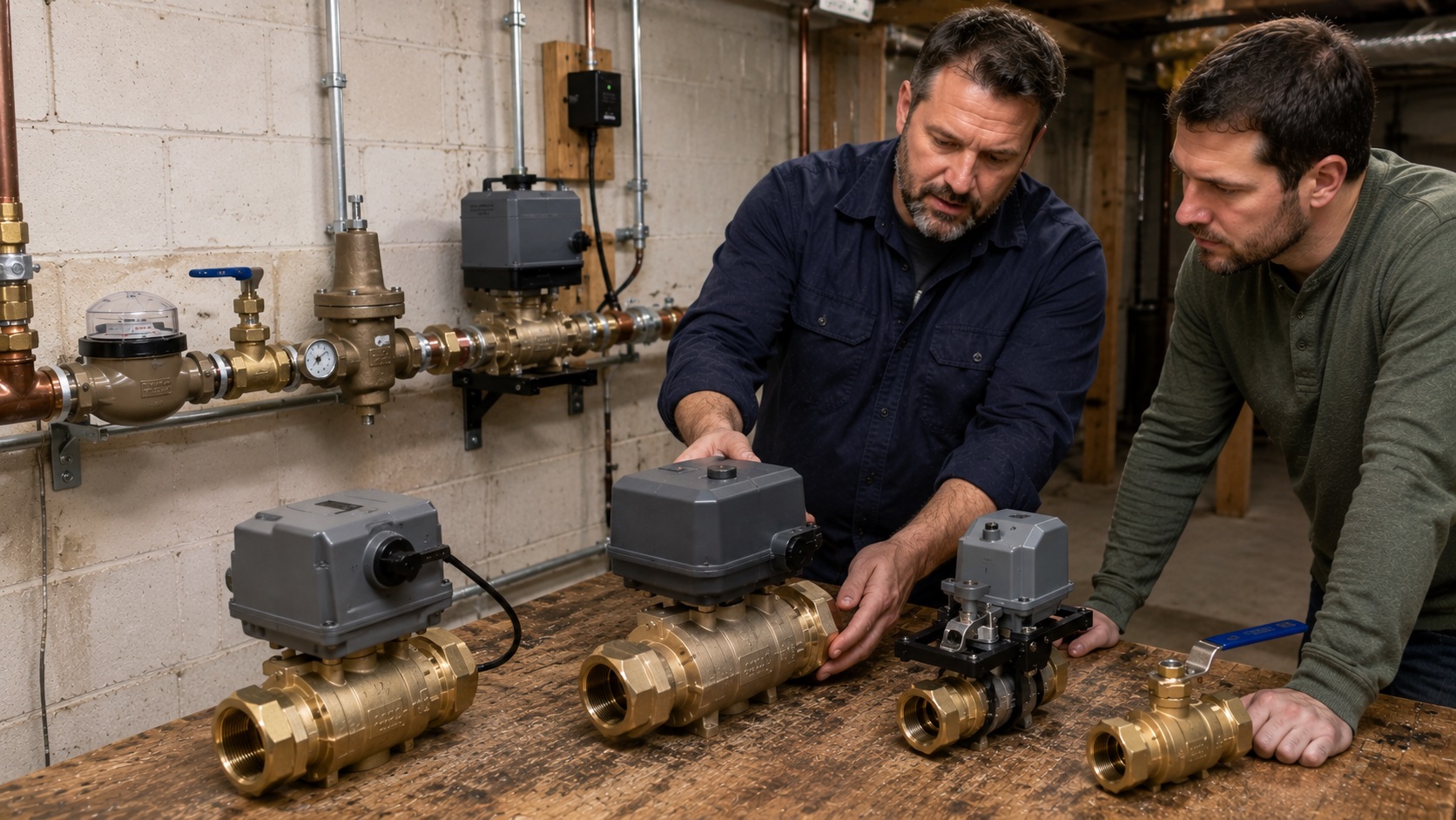 A plumber and homeowner compare automatic water shutoff valve options on a workbench in a basement utility room, with a residential water meter, pressure regulator, and installed main water line visible in the background.