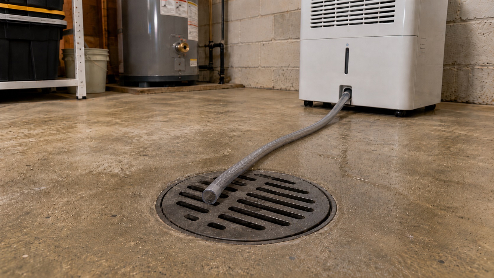 Dehumidifier hose resting on a basement floor drain cover in a utility room