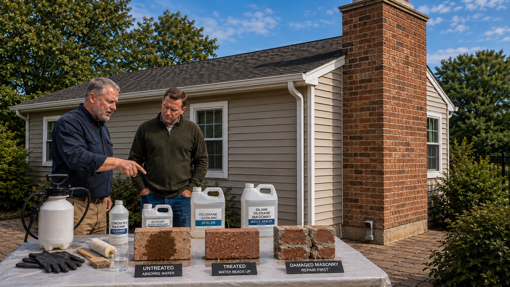 Two men compare masonry sealer products beside a brick chimney with untreated, treated, and damaged brick samples on a table in a suburban backyard.