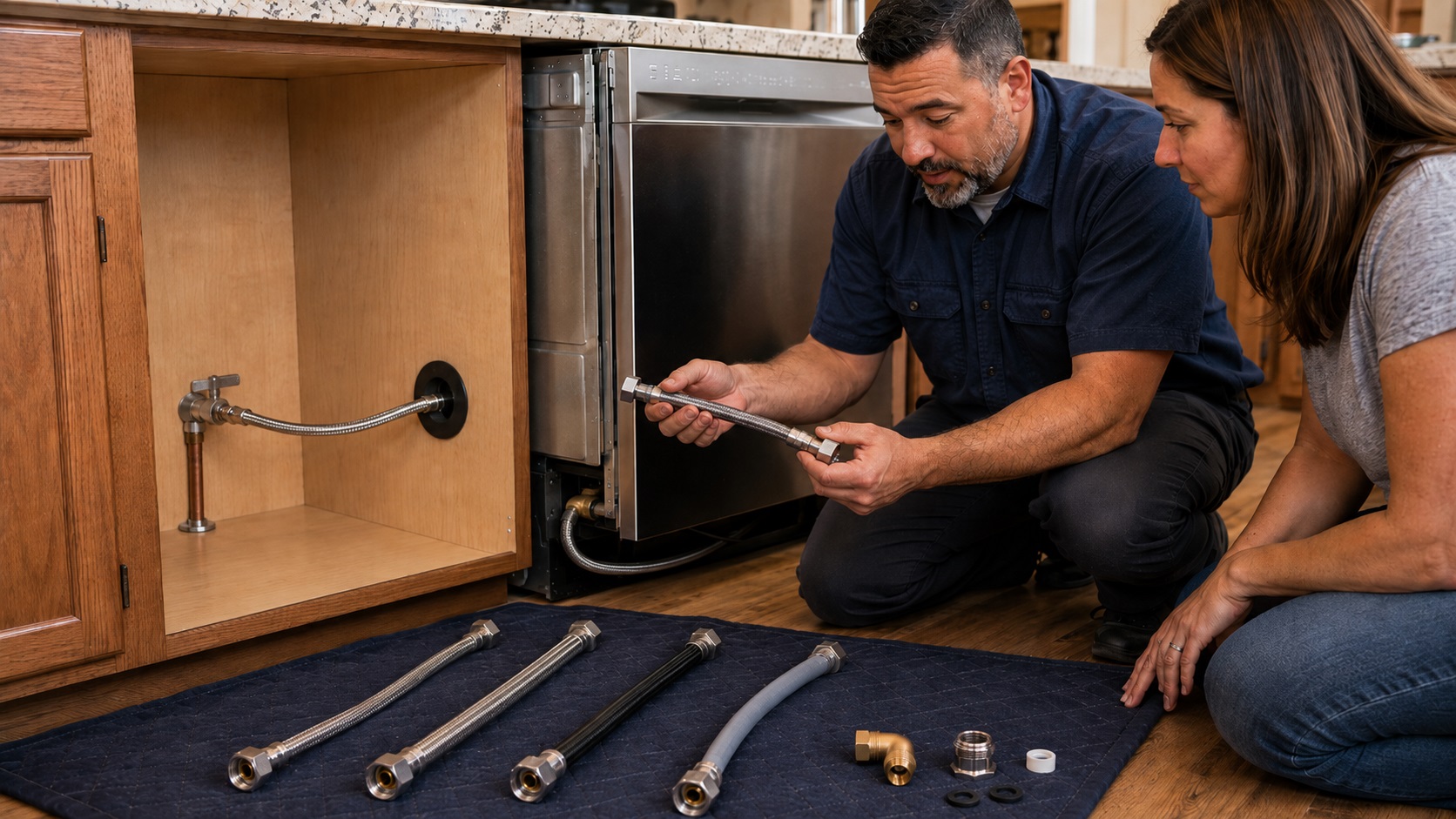 Plumbing professional and homeowner comparing braided stainless-steel and reinforced dishwasher supply lines beside a partially pulled-forward dishwasher.