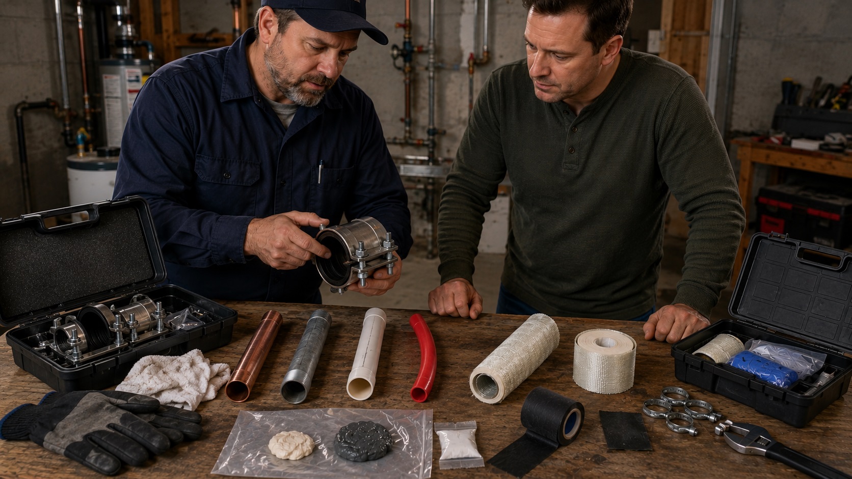 Two men in a basement workshop compare emergency pipe repair kits on a wooden workbench, including stainless repair clamps, epoxy putty, fiberglass wrap, silicone tape, and sample copper, galvanized steel, PVC, and PEX pipes.