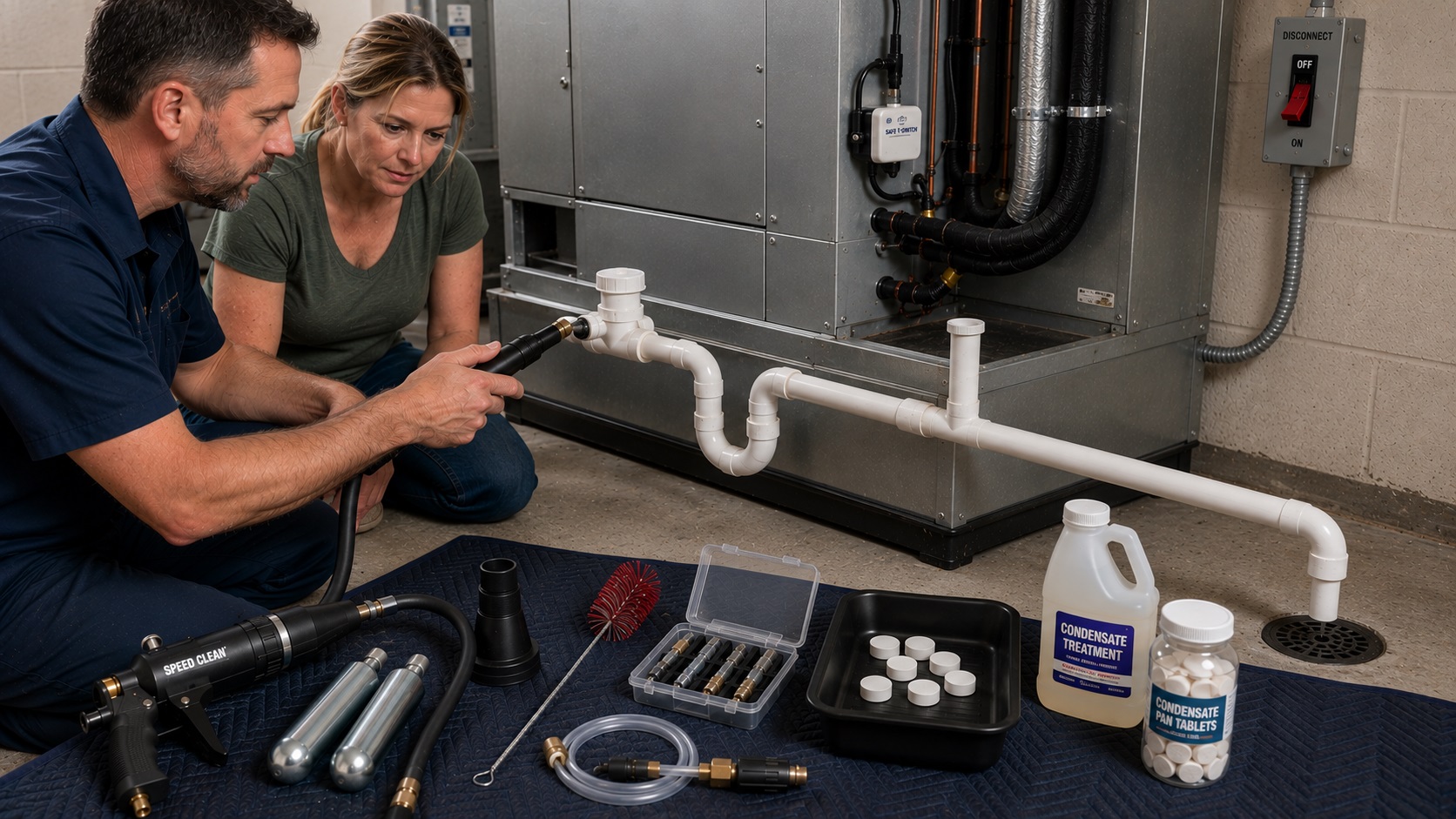 HVAC technician demonstrating a condensate drain-line cleaning tool beside an air handler while a homeowner compares a CO₂ drain gun, vacuum adapter, brushes, pan tablets, and liquid treatment.