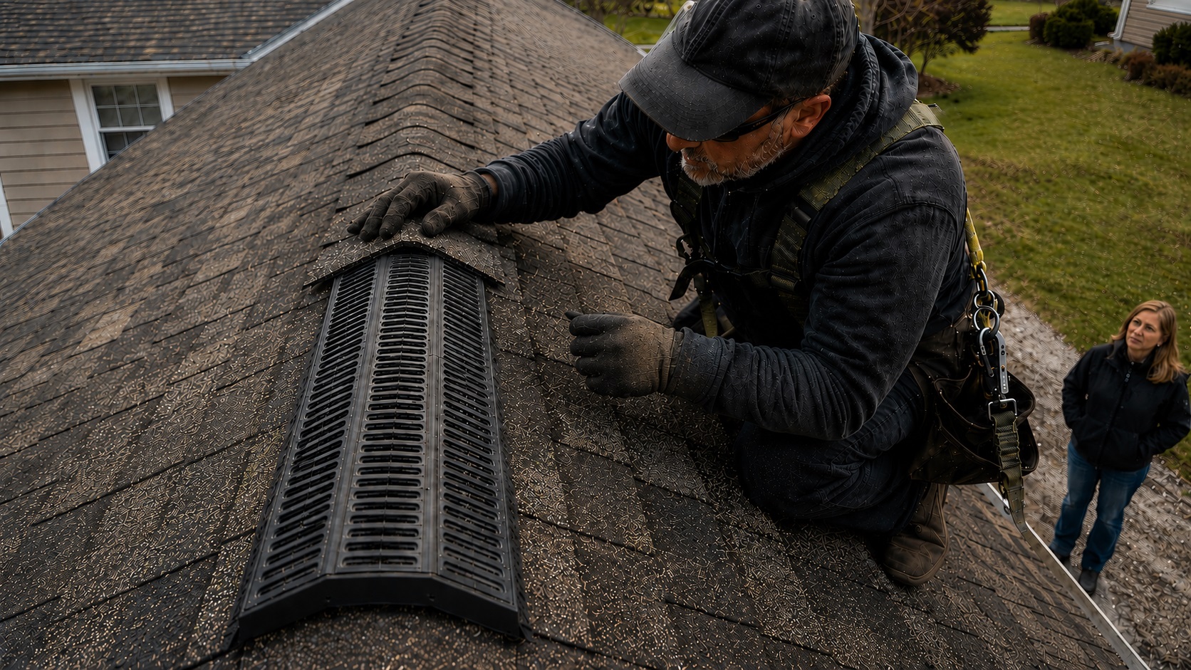 Roofer inspecting a black ridge vent on an asphalt shingle roof during a residential roofing job.