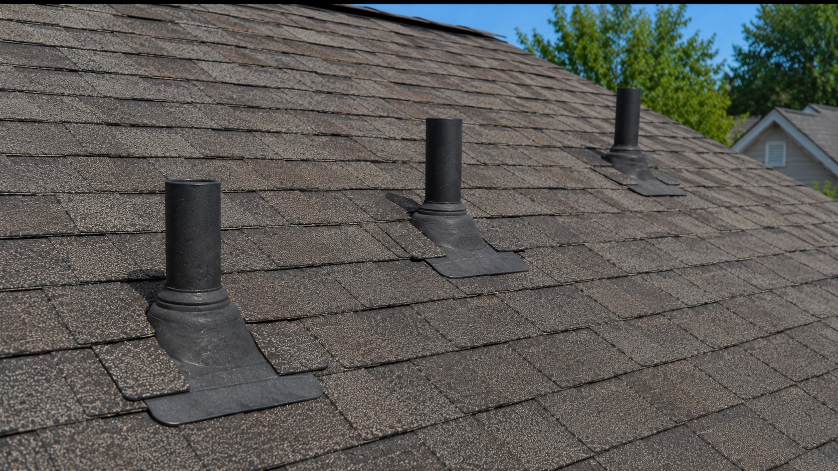 Three installed roof vent pipe boots on a sloped asphalt shingle roof, shown in a realistic daylight exterior view with visible flashing around each penetration.