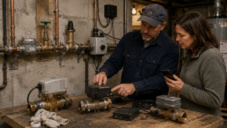 A plumber and homeowner compare whole-home smart water shutoff systems in a realistic basement utility room, with inline valves, control modules, exposed copper piping, and a wall-mounted main water line in the background.
