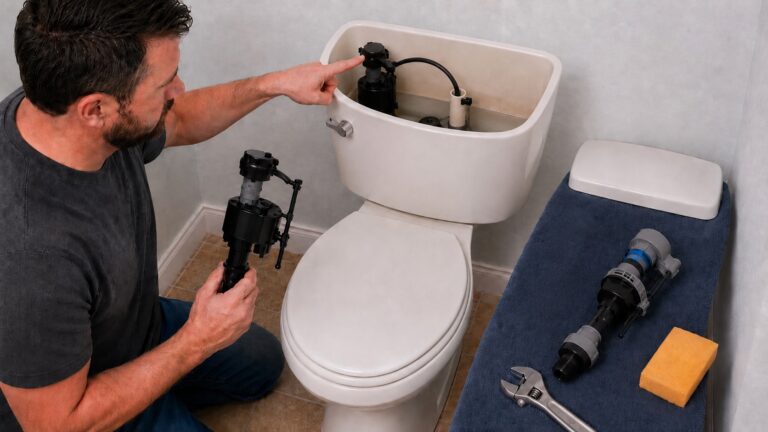 Homeowner comparing replacement toilet fill valves beside an open toilet tank with one modern fill valve installed.