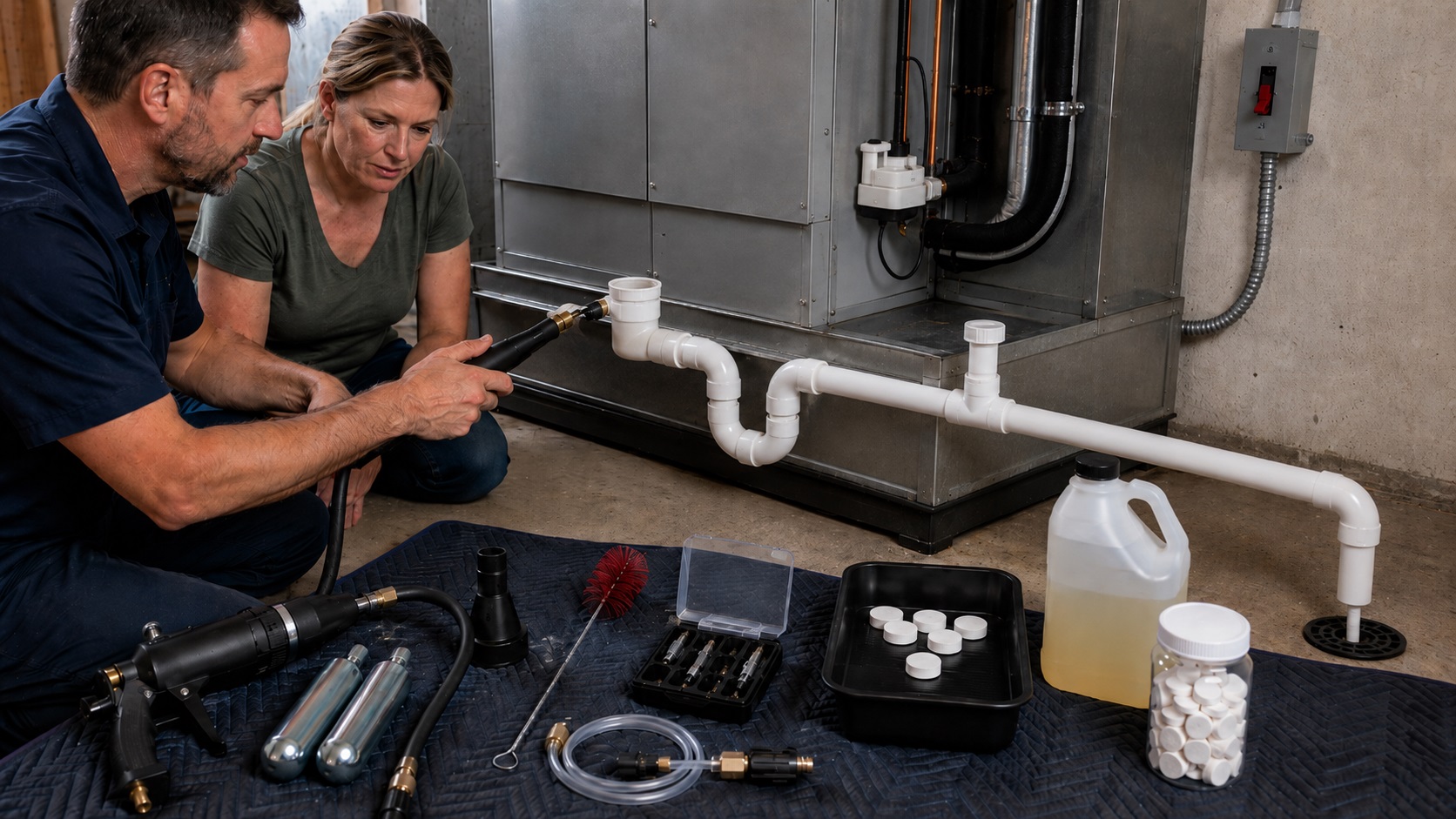 Two men compare five different utility pumps in a basement beside shallow standing water, with one operating pump discharging through a hose toward a safe exit.