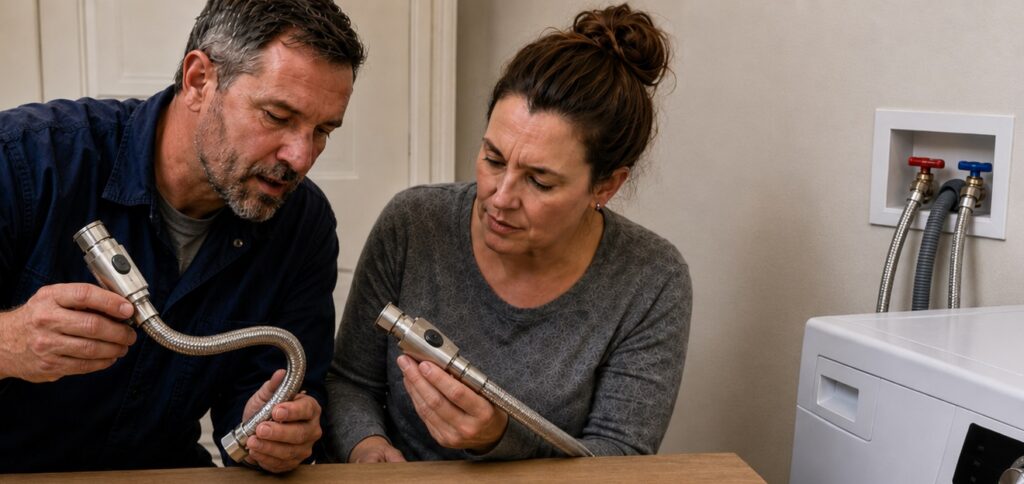 Plumbing professional comparing braided and reinforced water supply hoses, fittings, and burst-protection components beside a household appliance installation.
