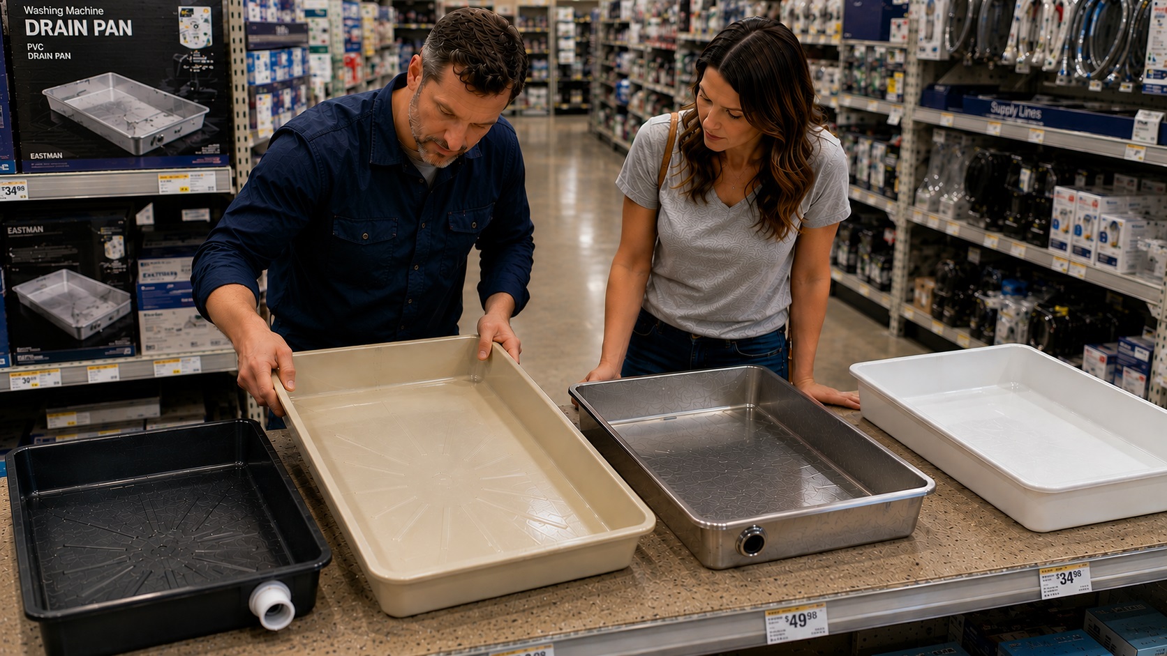 Two adults compare several washing machine drain pans in a hardware store aisle, including black, beige, stainless steel, and white models arranged on a counter.