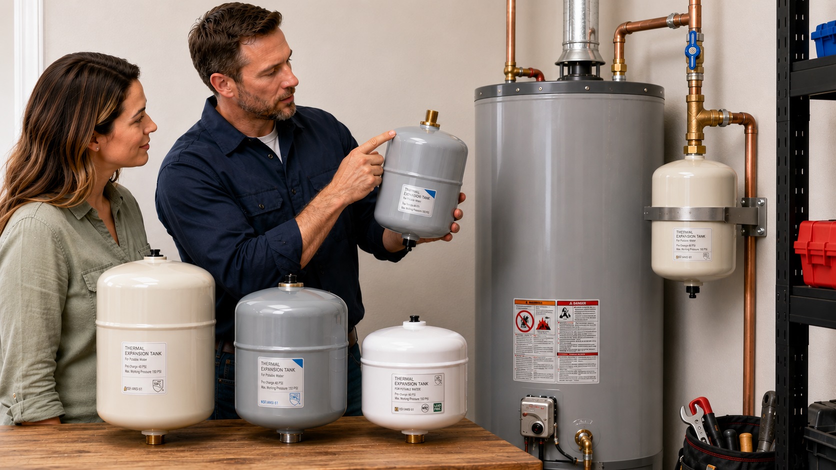Plumber comparing several residential water heater expansion tanks with a homeowner beside a professionally installed tank-style water heater.