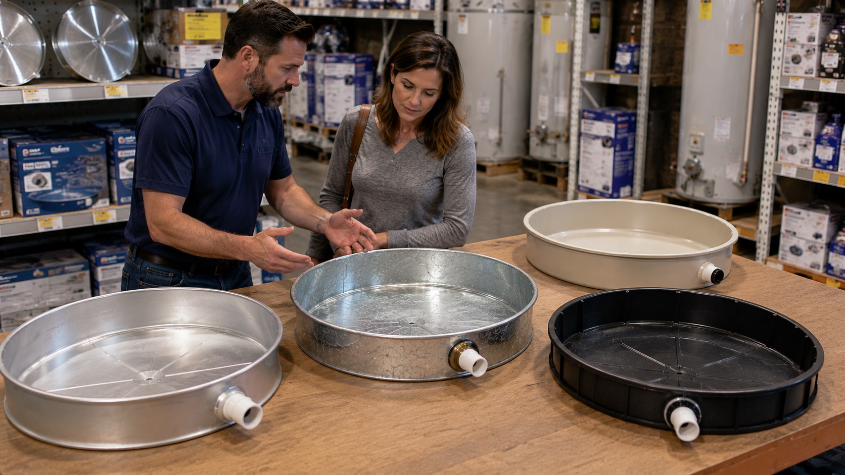 A man and woman compare four water heater leak pans on a display table in a hardware store, including aluminum, galvanized steel, plastic, and composite styles.