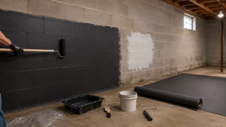 Basement wall being coated with waterproofing membrane beside vapor barrier film on a concrete floor