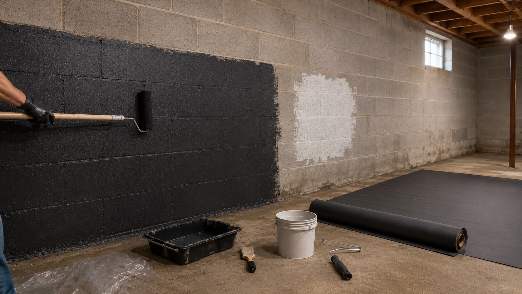 Basement wall being coated with waterproofing membrane beside vapor barrier film on a concrete floor