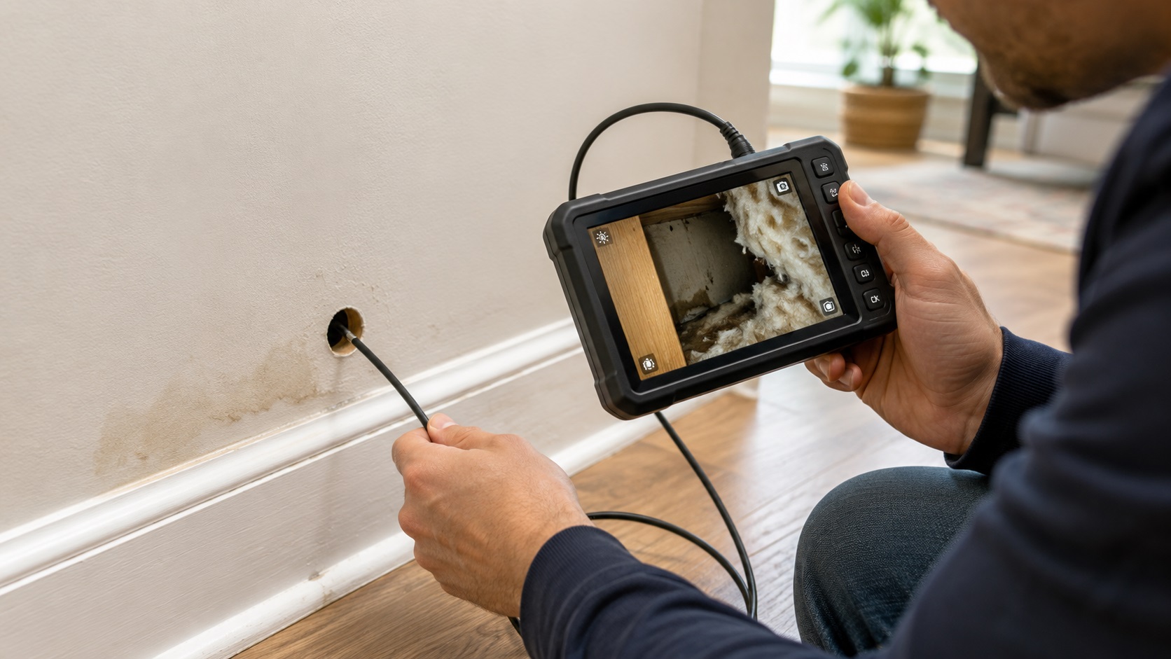 Homeowner using a borescope camera to inspect inside a wall cavity near a baseboard for hidden moisture.
