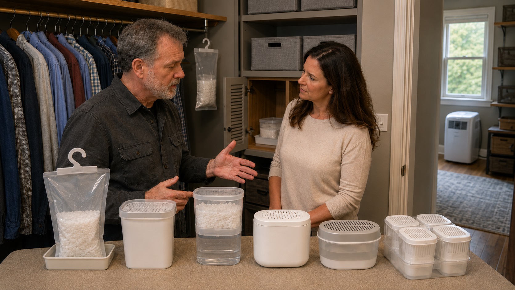 Moisture-control professional and homeowner comparing hanging bags, refillable containers, tubs, and compact passive moisture absorbers in an organized closet.