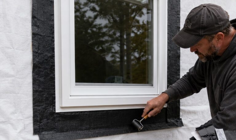 Contractor pressing black flashing tape around a window while a homeowner compares unbranded tape samples beside siding removed to expose the house wrap.