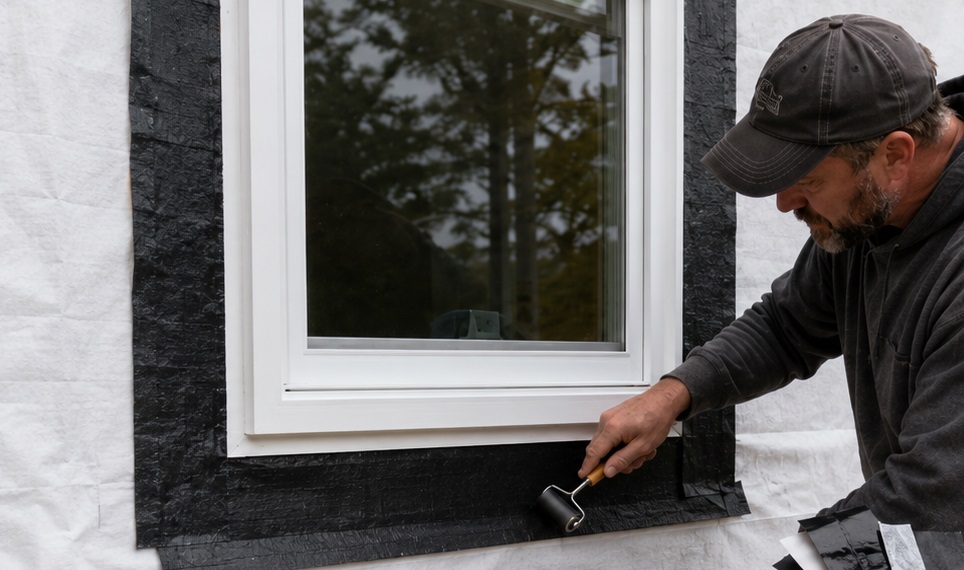 Contractor pressing black flashing tape around a window while a homeowner compares unbranded tape samples beside siding removed to expose the house wrap.