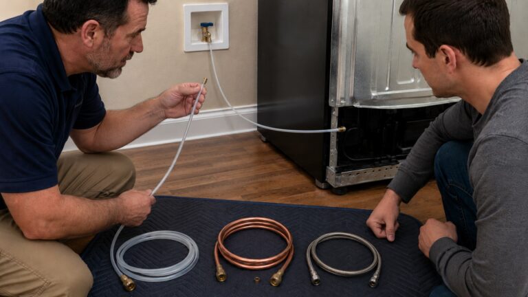 Plumbing professional and homeowner comparing polyethylene, soft copper, and braided stainless-steel ice maker water lines behind a refrigerator.