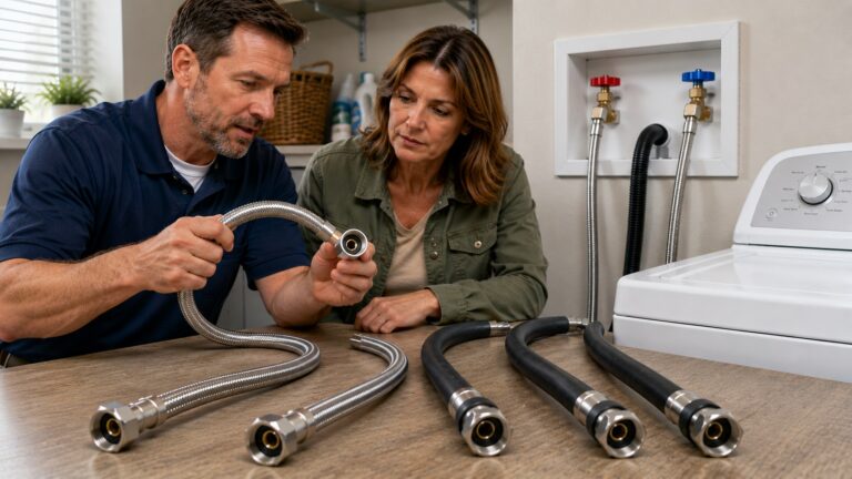 Plumbing professional and homeowner comparing stainless-steel braided and reinforced rubber washing machine hoses beside a connected washer.
