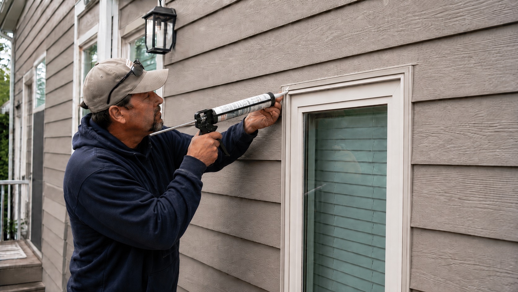 Contractor applying exterior sealant at the upper junction between a window’s J-channel and trim.