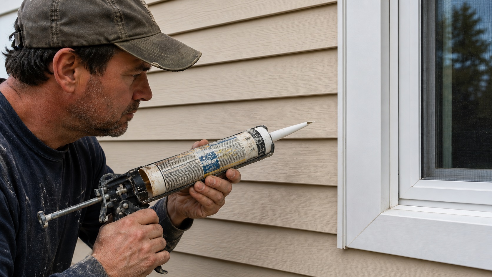 Contractor in a worn cap holding a caulk gun near the J-channel and trim of an exterior window on beige siding.
