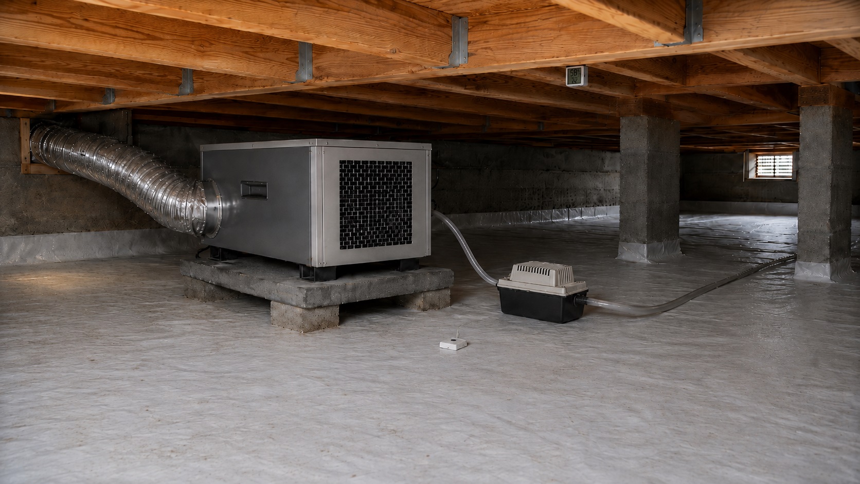 Crawl space dehumidifier with condensate pump, drain tubing, leak sensor, humidity monitor, and ducting installed over a vapor barrier.