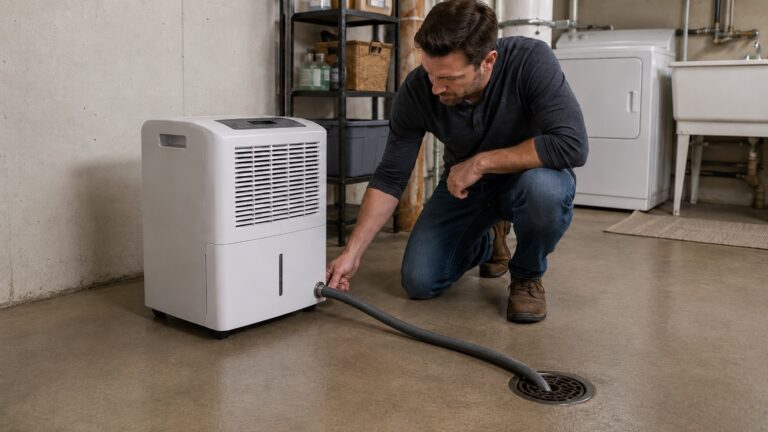Portable dehumidifier with a drain hose connected and routed into a basement floor drain for continuous drainage