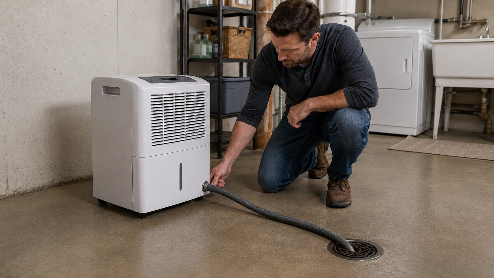 Portable dehumidifier with a drain hose connected and routed into a basement floor drain for continuous drainage