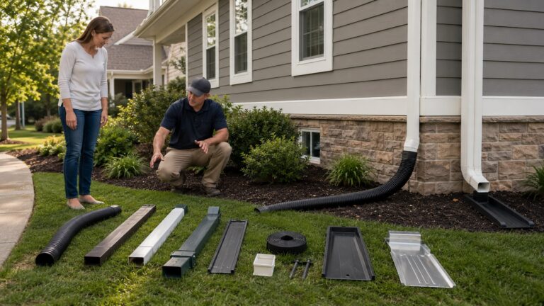 Homeowner and drainage professional comparing flexible, telescoping, hinged, and low-profile downspout extensions and splash blocks beside a residential foundation.