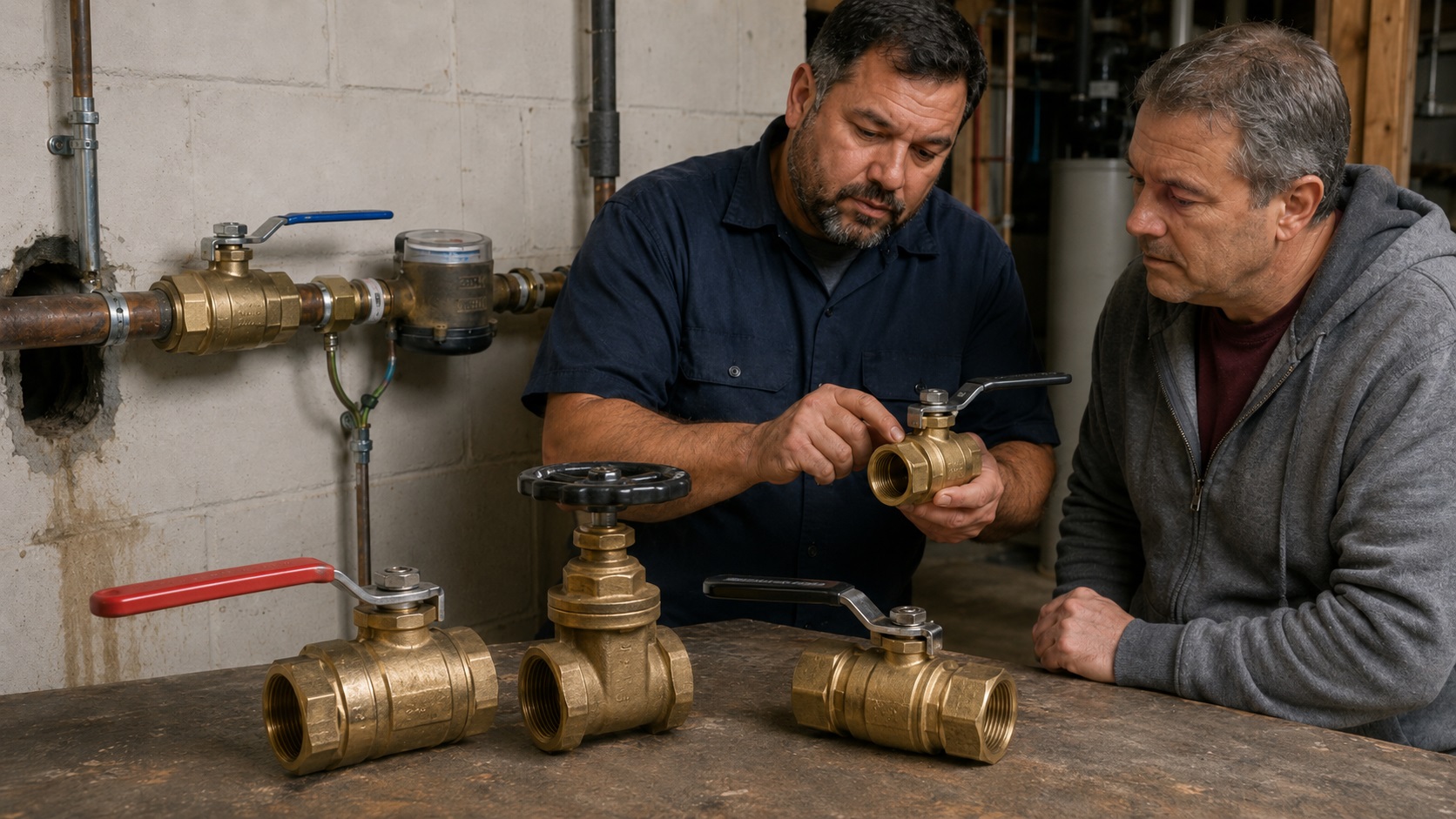 Licensed plumber and homeowner comparing brass emergency manual shutoff valves beside a residential main water line, meter, and installed ball valve.