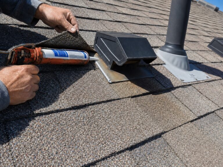 Roofer lifting the edge of a damp asphalt shingle and inserting a caulk-gun nozzle beneath it beside a roof vent flashing.