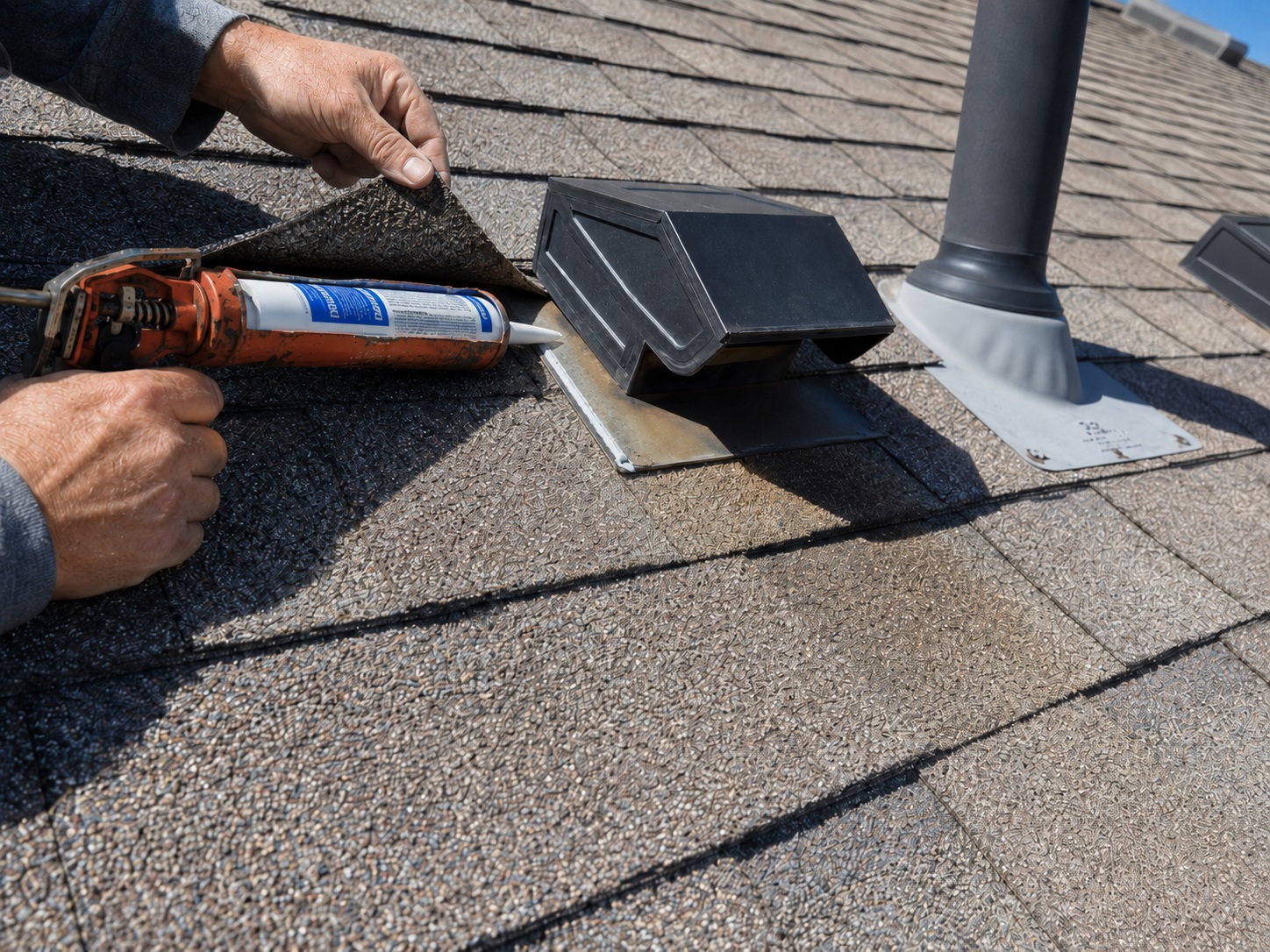 Roofer lifting the edge of a damp asphalt shingle and inserting a caulk-gun nozzle beneath it beside a roof vent flashing.