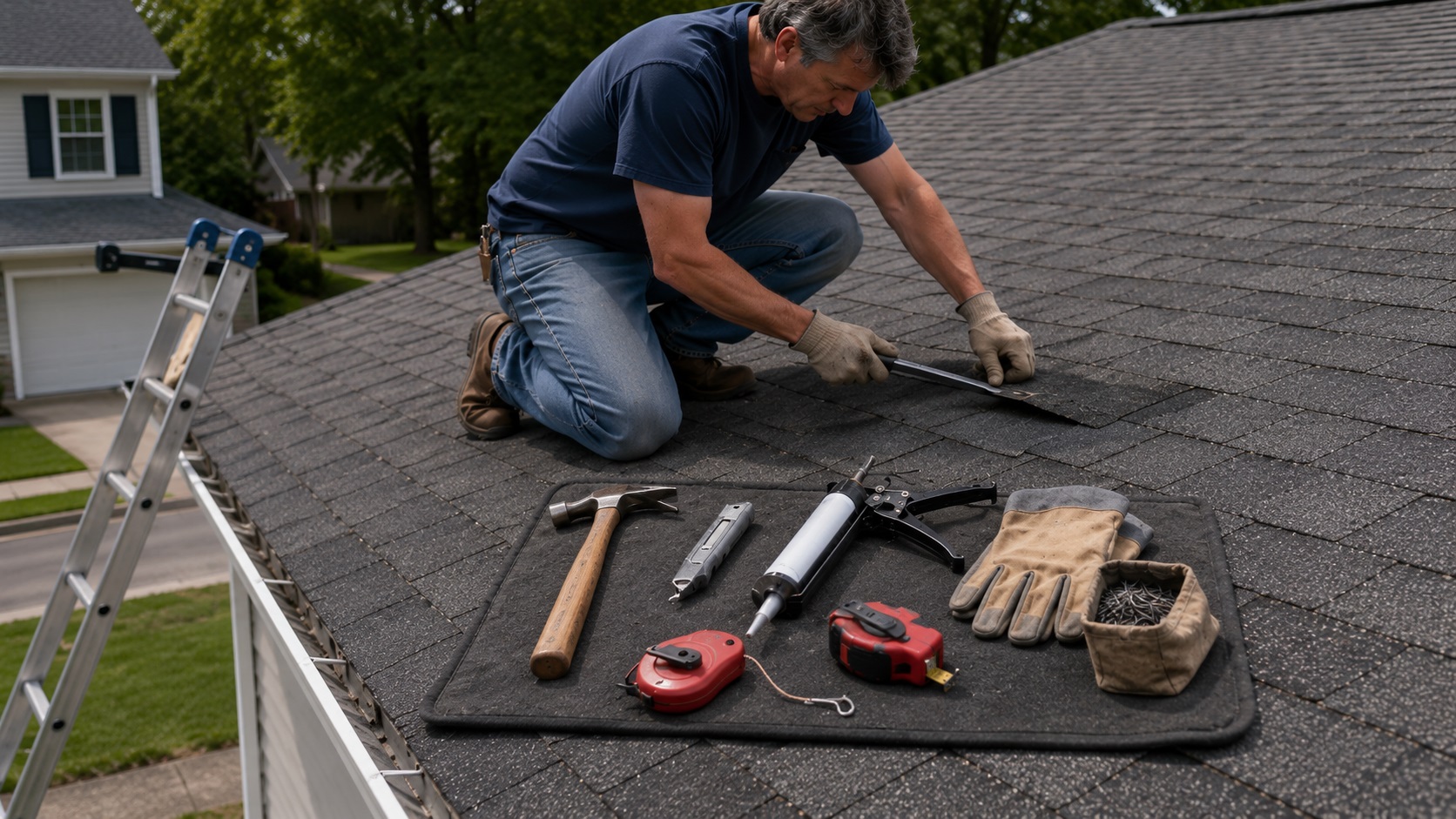 Homeowner kneeling on an asphalt-shingle roof while using a flat pry bar, with a hammer, utility knife, caulk gun, chalk line, tape measure, gloves, and roofing nails arranged nearby on a protective mat.