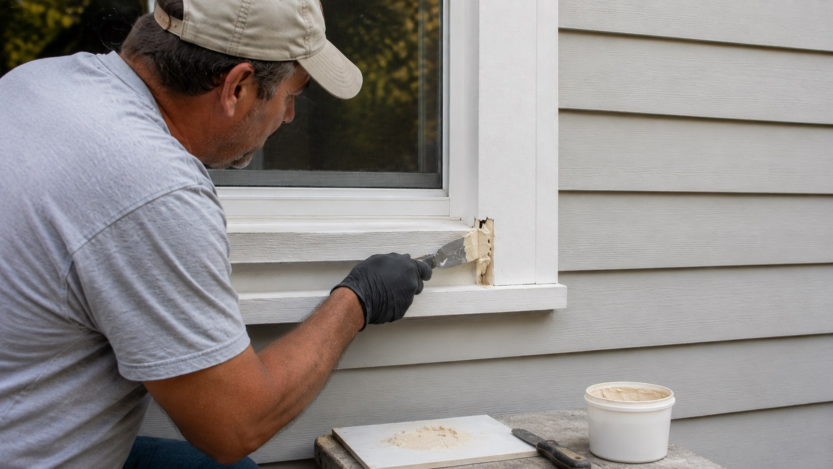 Contractor applying exterior wood repair filler to a cleaned damaged corner of painted window trim.