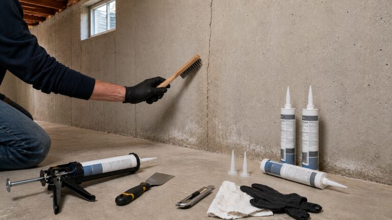 Homeowner prepping a vertical crack in a poured concrete basement wall with foundation crack repair tools nearby.