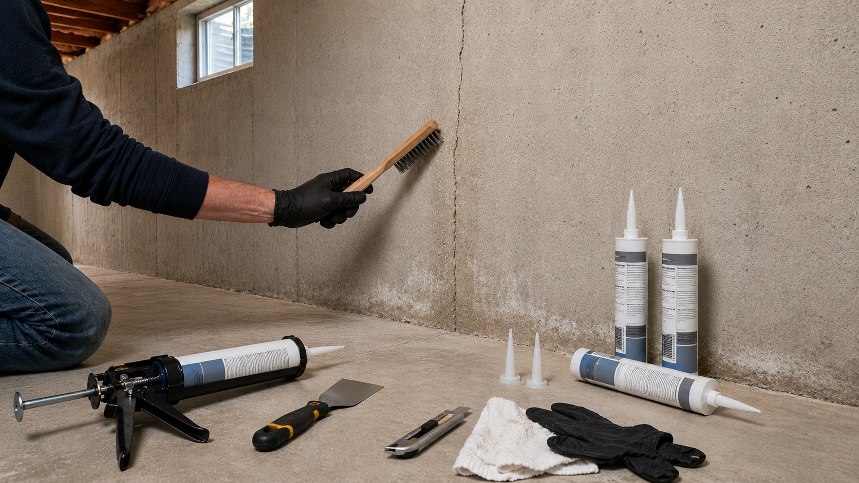 Homeowner prepping a vertical crack in a poured concrete basement wall with foundation crack repair tools nearby.