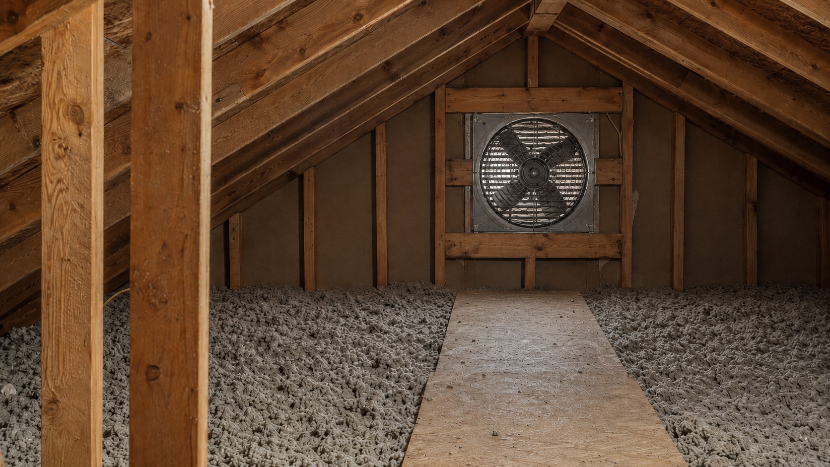 Gable-mounted attic ventilation fan installed in a residential attic with rafters, insulation, and a plywood walkway.