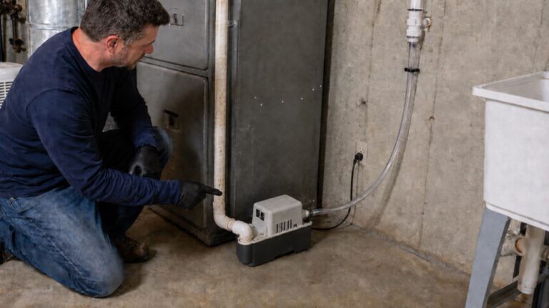 Homeowner kneeling beside an HVAC condensate pump with PVC drain piping, clear discharge tubing, and a plugged-in power cord in a basement utility room.