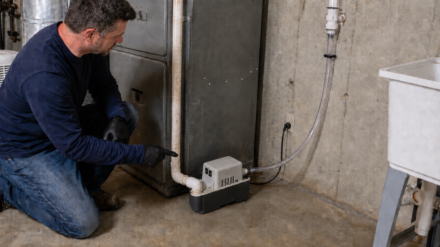 Homeowner kneeling beside an HVAC condensate pump with PVC drain piping, clear discharge tubing, and a plugged-in power cord in a basement utility room.