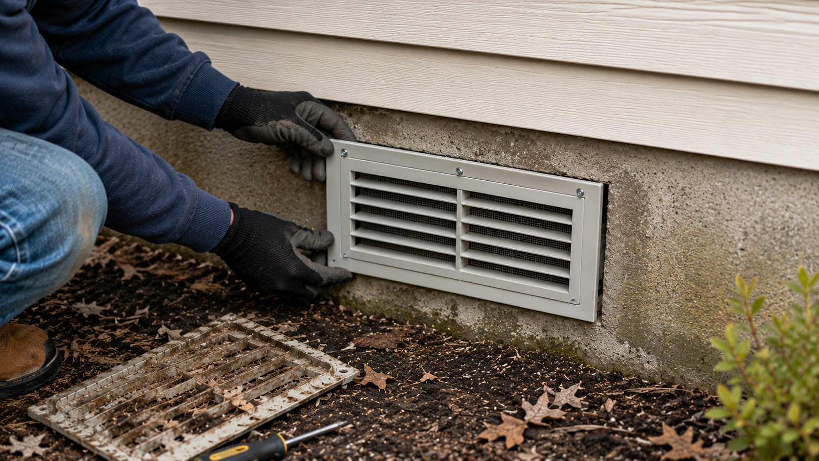 Homeowner installing a crawl space vent cover on an exterior foundation wall